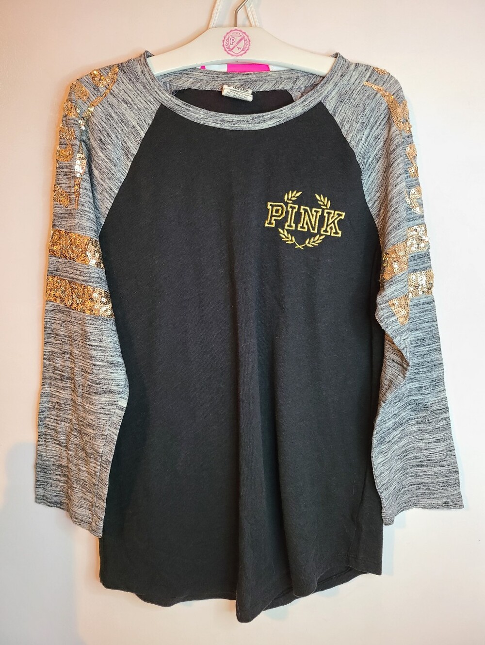 Y2K VS PINK Bling Campus Baseball Tee Size M - Black, Gray & Gold - Picture 4 of 6